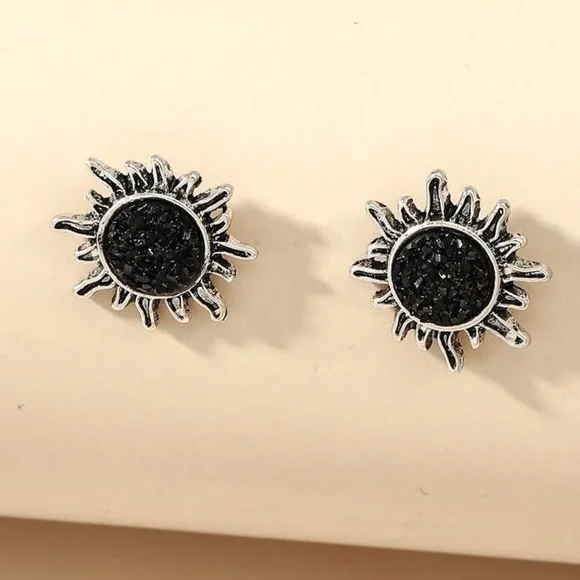 Any 2/$20! Silver Black Druzy Sun Stud Earrings - Picture 4 of 6